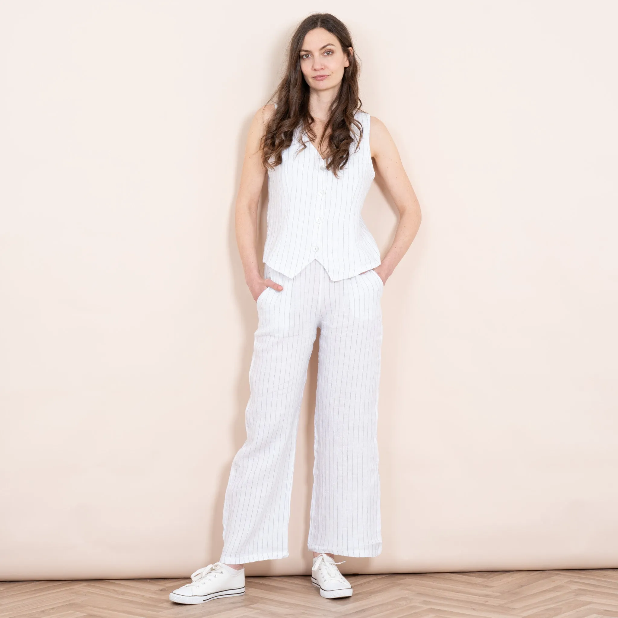 Summer Italian Linen Waistcoat - White/Black, Jacquard Stripe