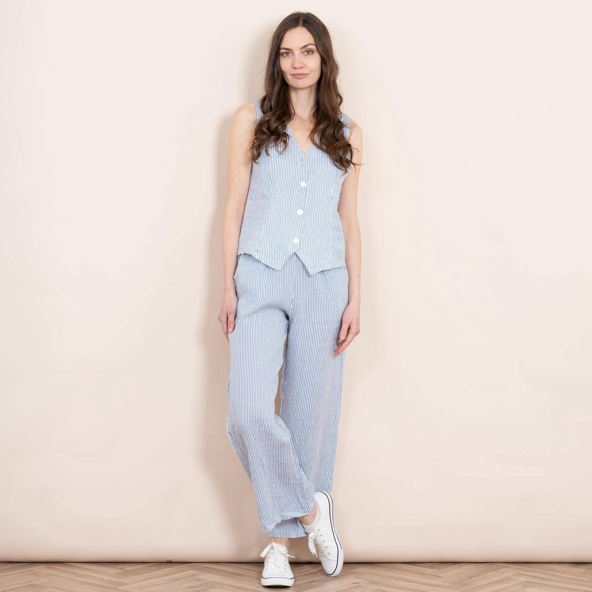 Summer Italian Linen Waistcoat - White/Blue, Pinstripe