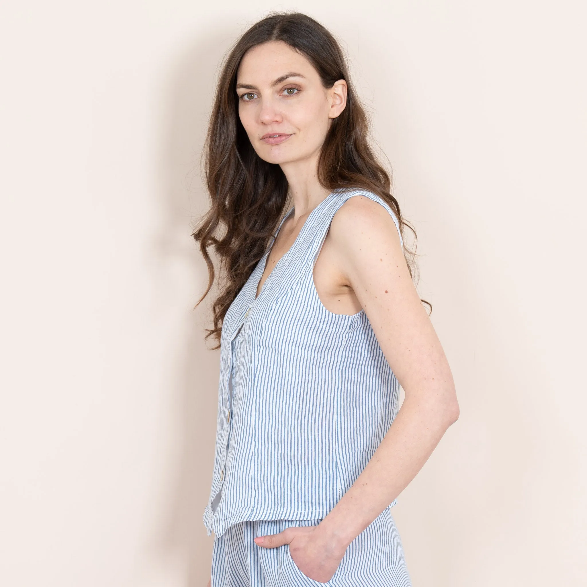 Summer Italian Linen Waistcoat - White/Blue, Pinstripe