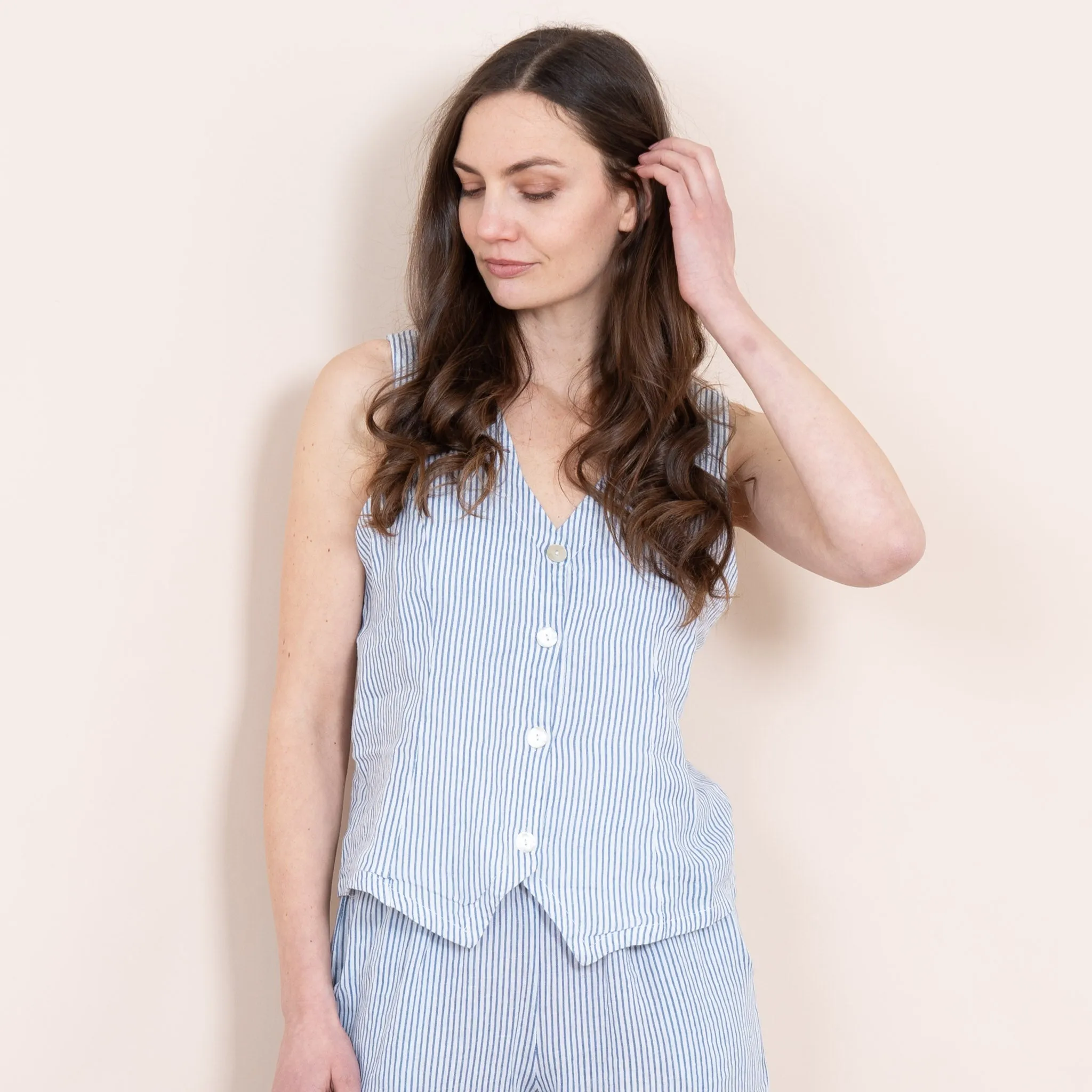 Summer Italian Linen Waistcoat - White/Blue, Pinstripe