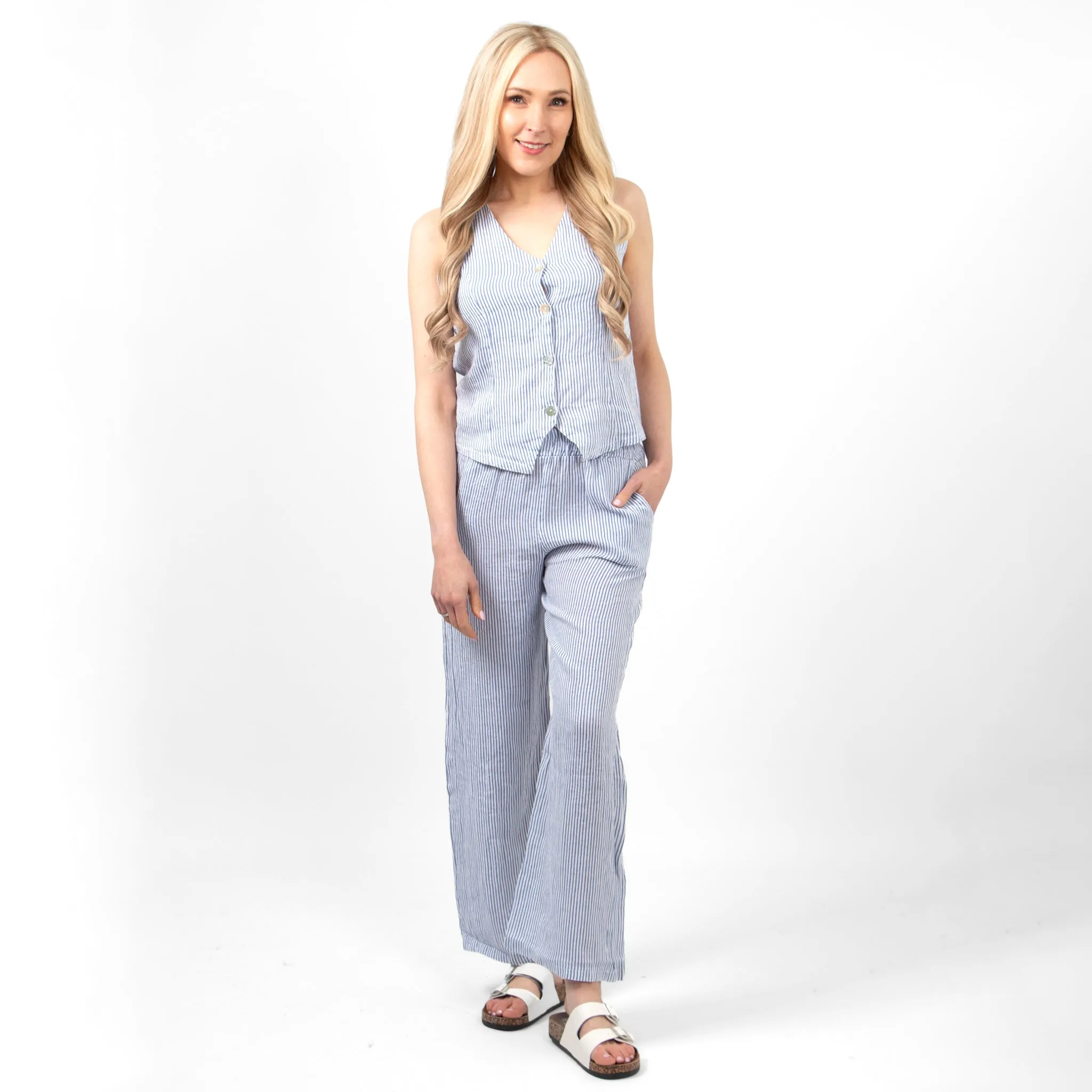 Summer Italian Linen Waistcoat - White/Blue, Pinstripe