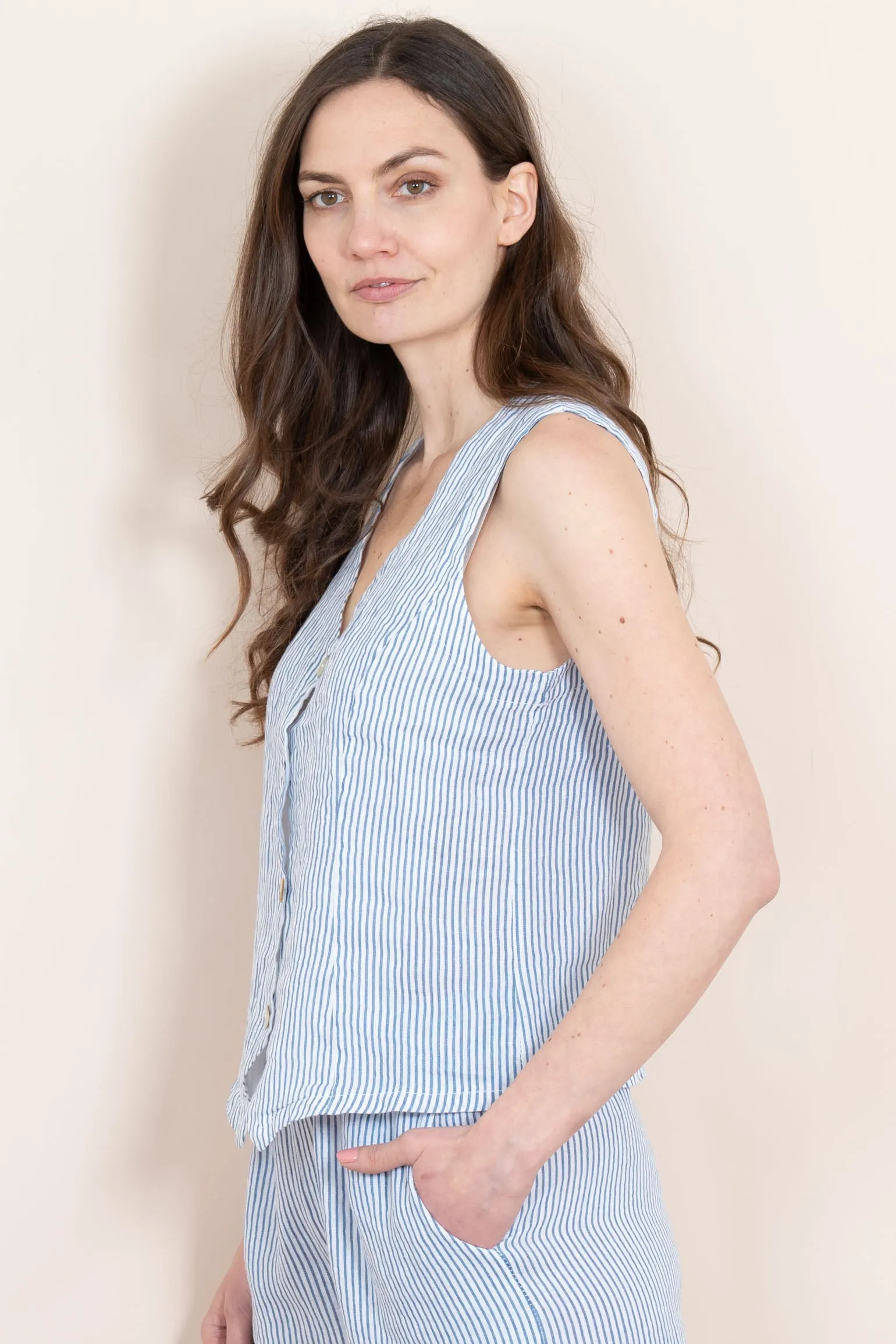 Summer Italian Linen Waistcoat - White/Blue, Pinstripe