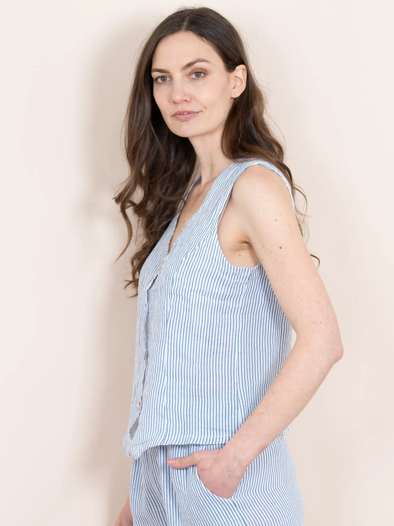 Summer Italian Linen Waistcoat - White/Blue, Pinstripe