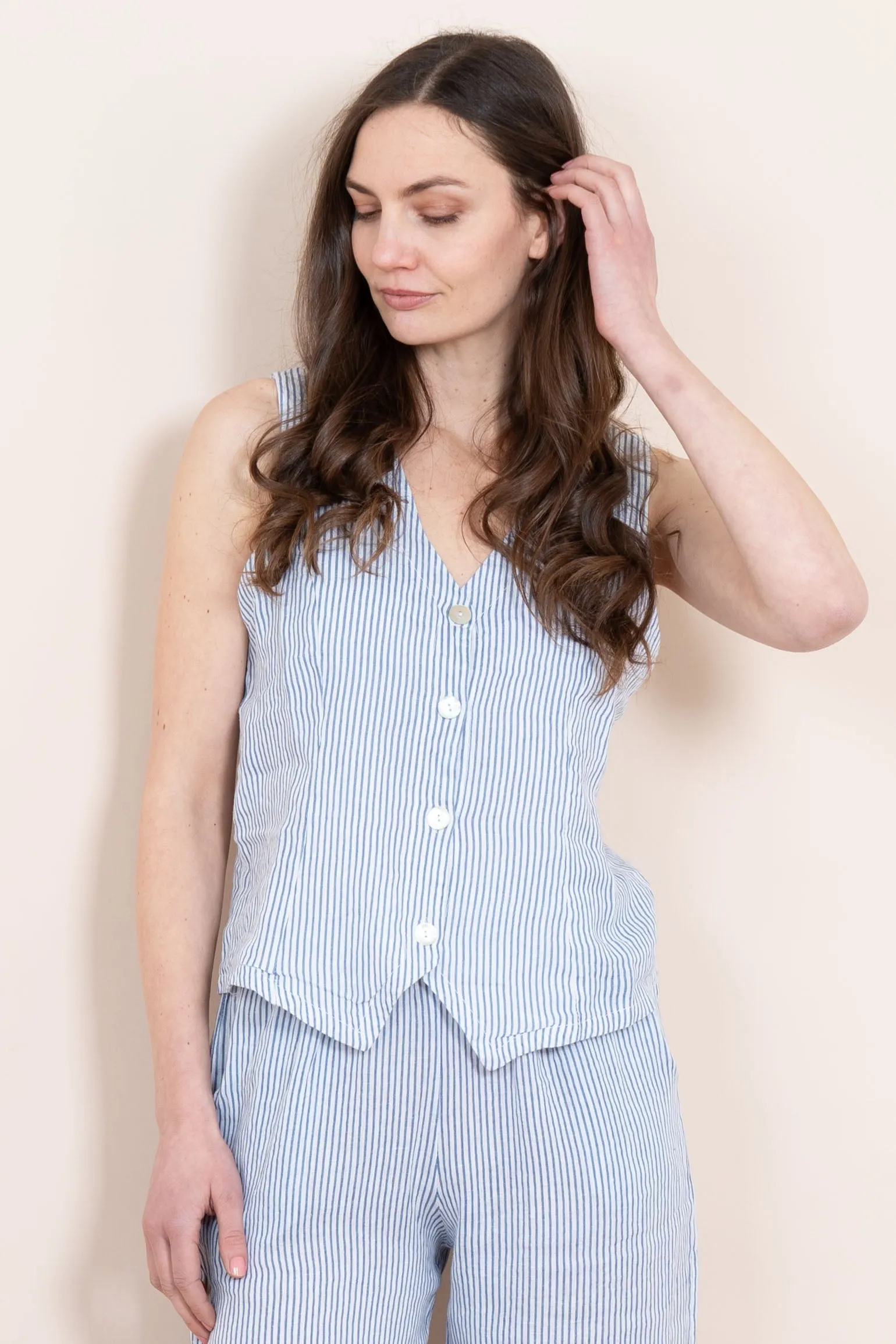 Summer Italian Linen Waistcoat - White/Blue, Pinstripe
