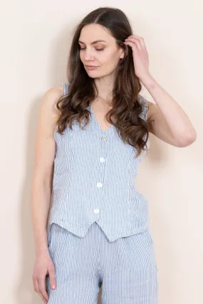 Summer Italian Linen Waistcoat - White/Blue, Pinstripe