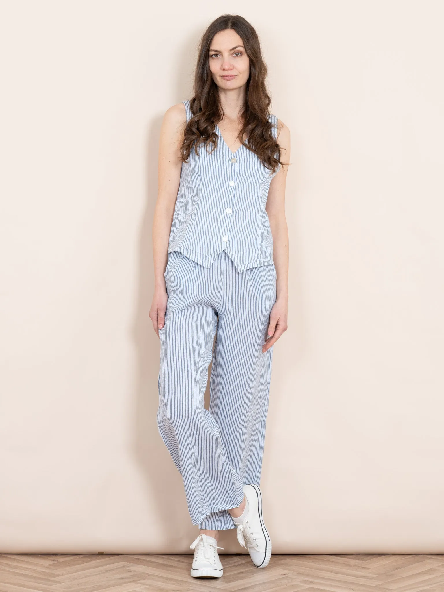 Summer Italian Linen Waistcoat - White/Blue, Pinstripe