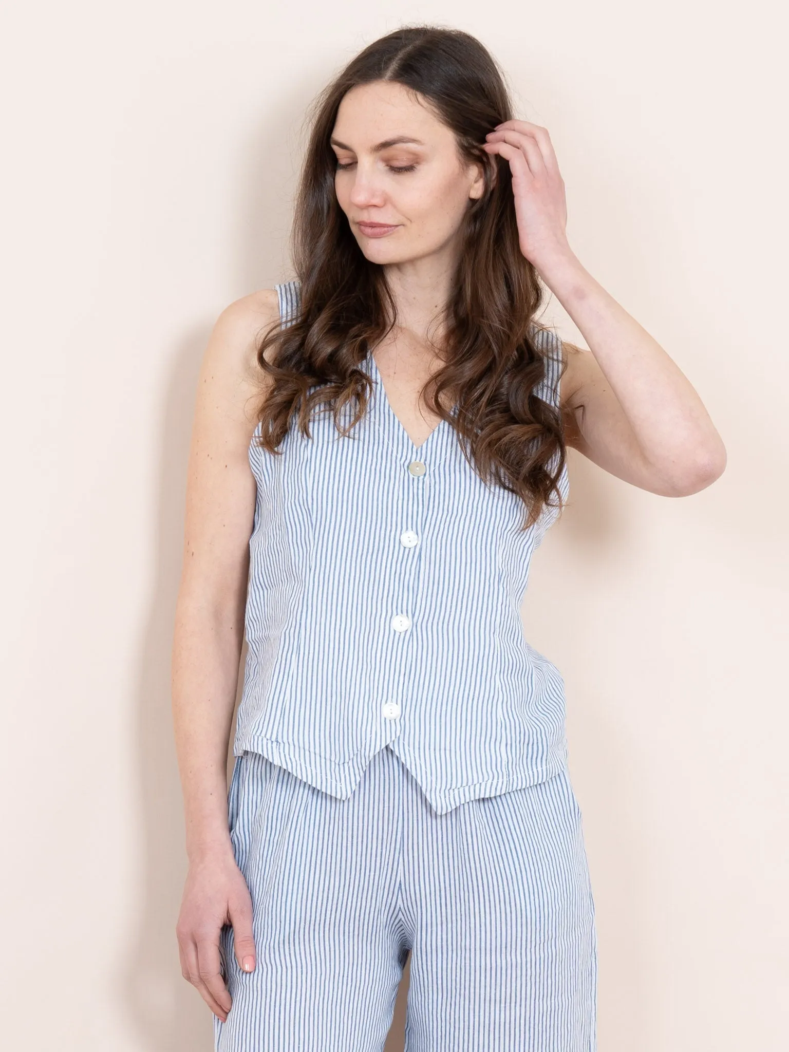 Summer Italian Linen Waistcoat - White/Blue, Pinstripe