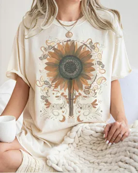 Vintage Sunflowers Comfort Colors T-Shirt, Women's Boho Distressed-Look Design, Folk Art Design T-Shirt
