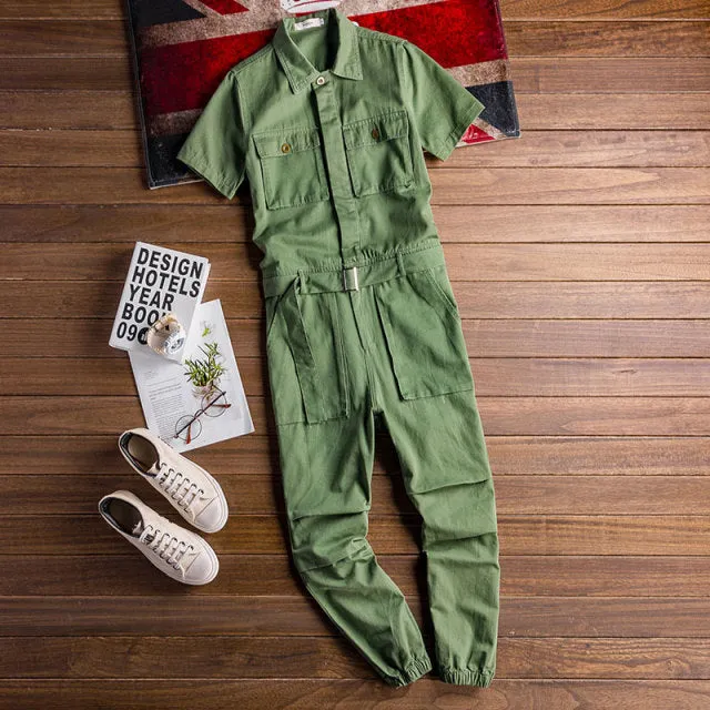 Wiaofellas Men's Jumpsuit Long Sleeve Lapel Beam Feet Cotton Overalls Hip Hop Streetwear Loose Cargo Pants Green Black Freight Trousers