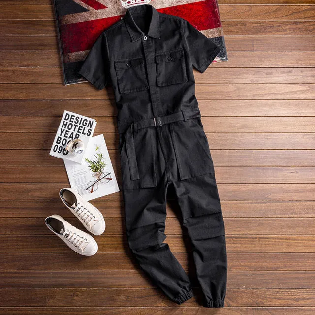 Wiaofellas Men's Jumpsuit Long Sleeve Lapel Beam Feet Cotton Overalls Hip Hop Streetwear Loose Cargo Pants Green Black Freight Trousers