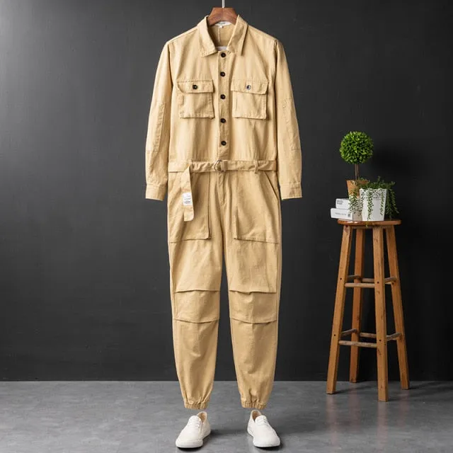 Wiaofellas Men's Jumpsuit Long Sleeve Lapel Beam Feet Cotton Overalls Hip Hop Streetwear Loose Cargo Pants Green Black Freight Trousers