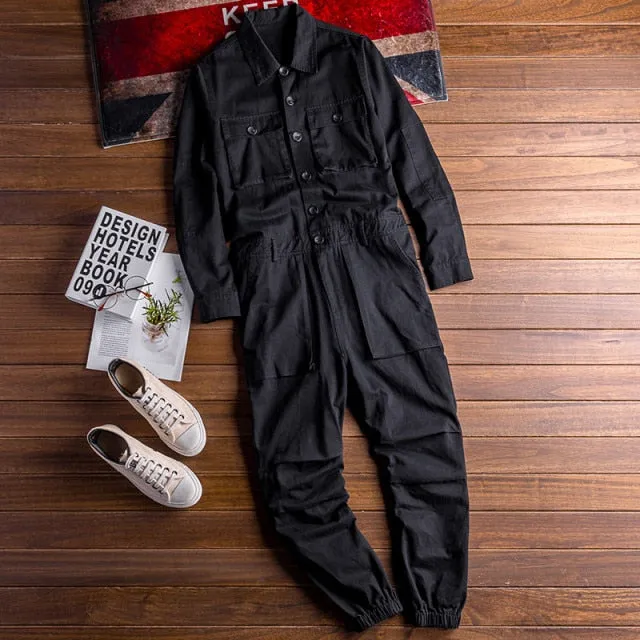 Wiaofellas Men's Jumpsuit Long Sleeve Lapel Beam Feet Cotton Overalls Hip Hop Streetwear Loose Cargo Pants Green Black Freight Trousers