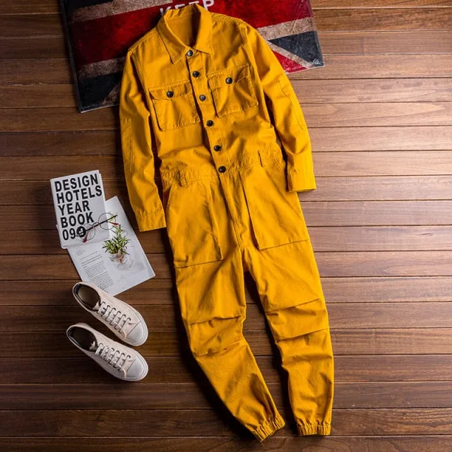 Wiaofellas Men's Jumpsuit Long Sleeve Lapel Beam Feet Cotton Overalls Hip Hop Streetwear Loose Cargo Pants Green Black Freight Trousers