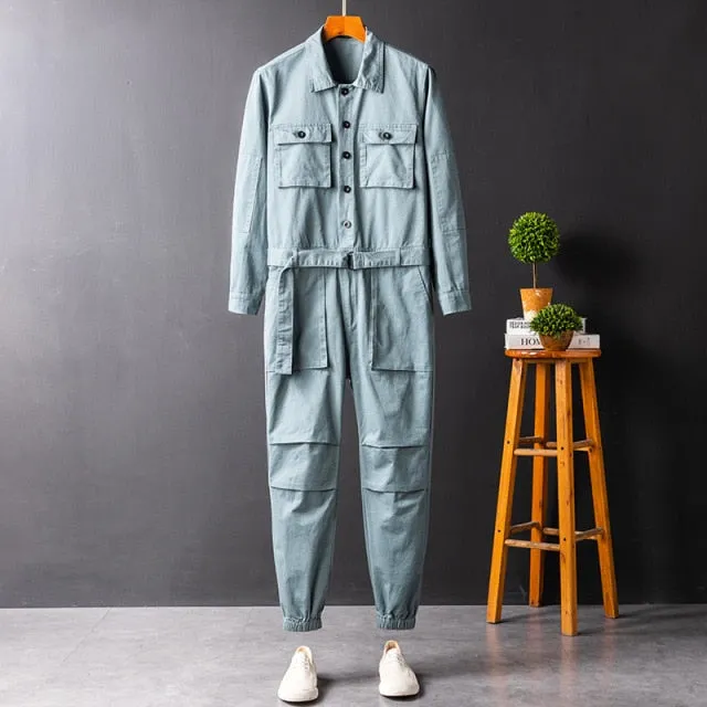 Wiaofellas Men's Jumpsuit Long Sleeve Lapel Beam Feet Cotton Overalls Hip Hop Streetwear Loose Cargo Pants Green Black Freight Trousers