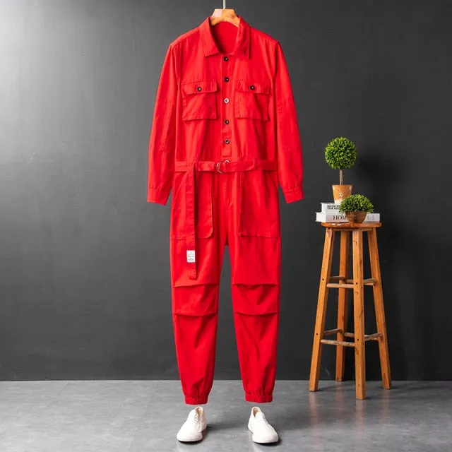 Wiaofellas Men's Jumpsuit Long Sleeve Lapel Beam Feet Cotton Overalls Hip Hop Streetwear Loose Cargo Pants Green Black Freight Trousers