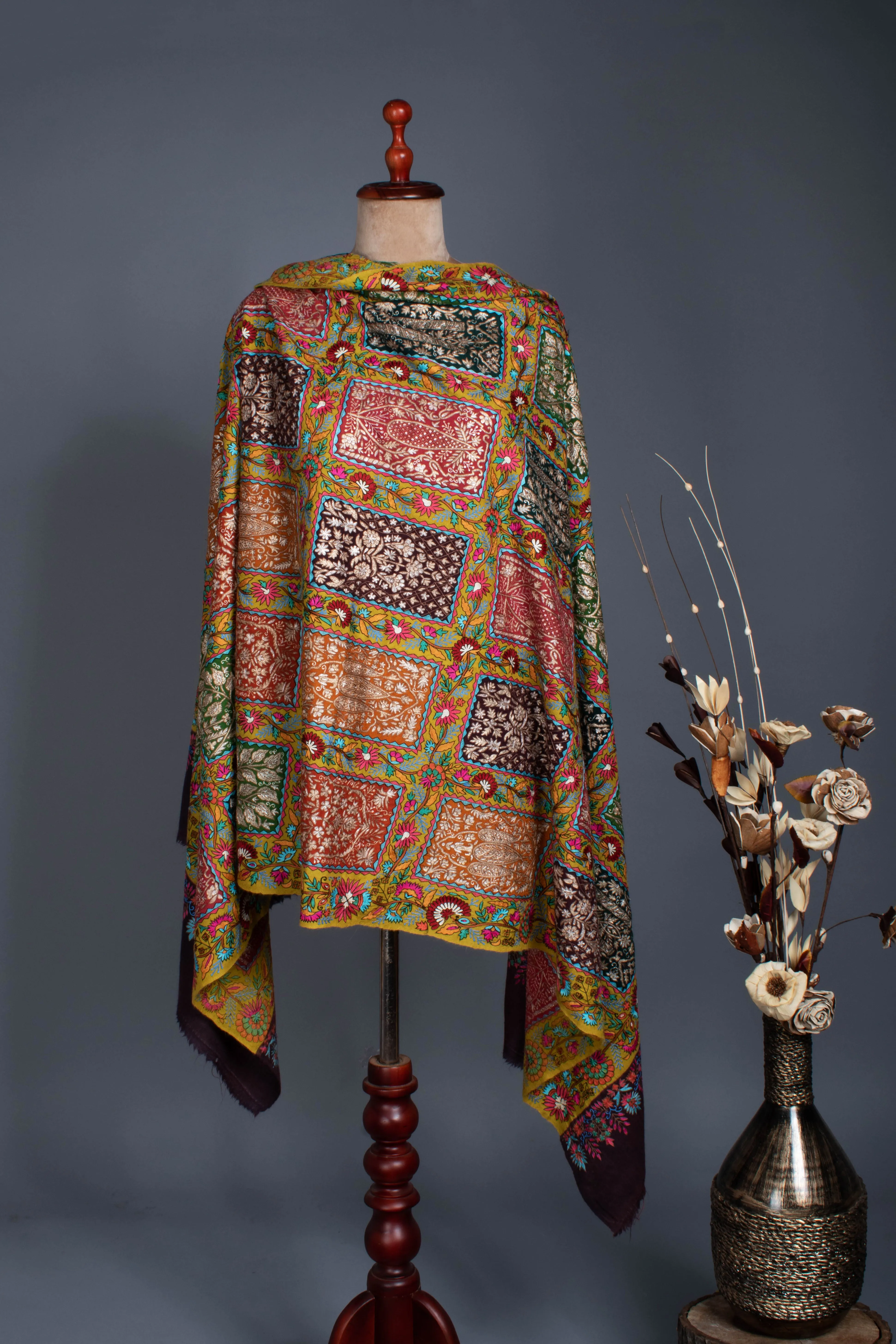 Zari and Art silk Embroidered Fusion Pashmina Shawl
